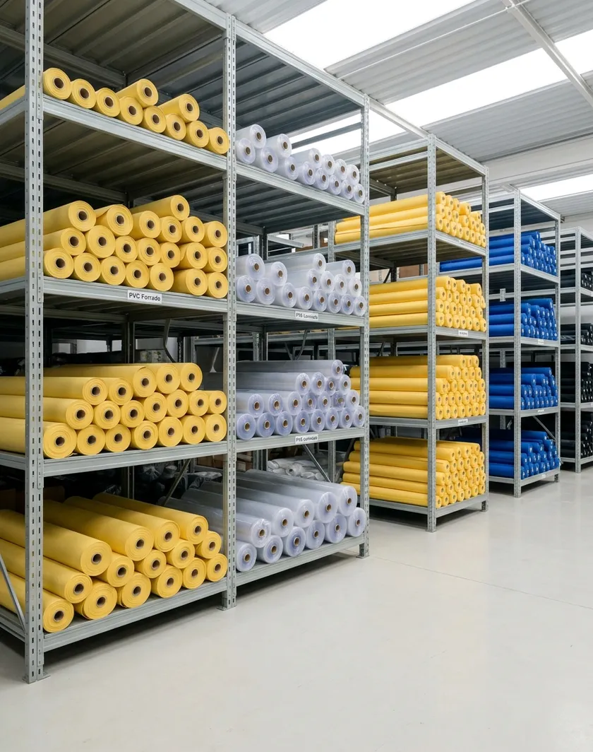 Estoque de bobinas de tecido impermeável na fábrica da Capseg